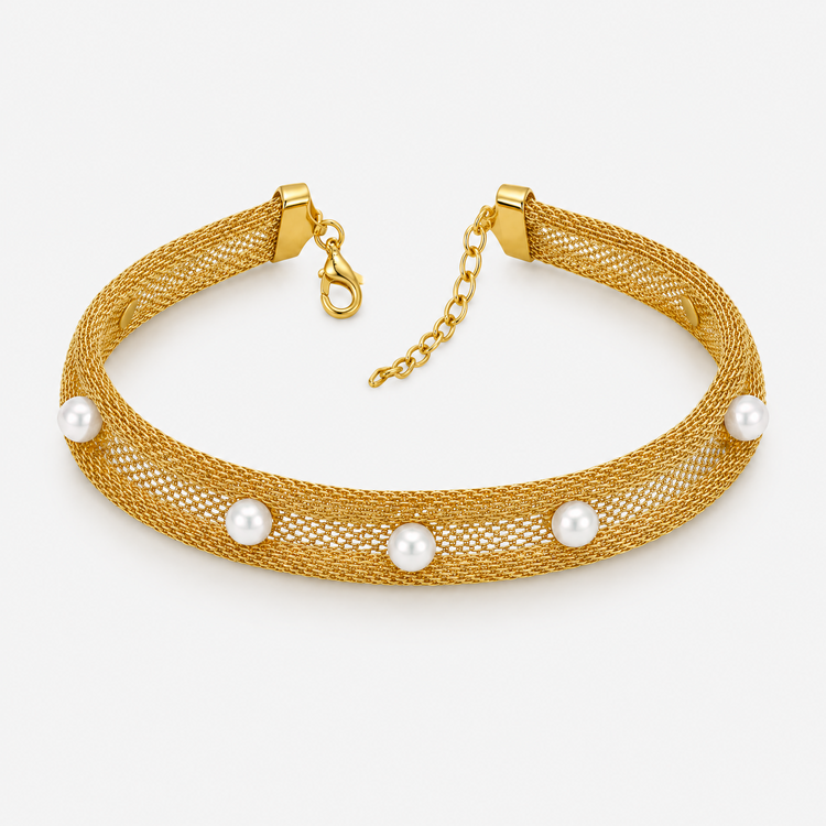Gold-Plated Mesh Bracelet with Natural Pearls