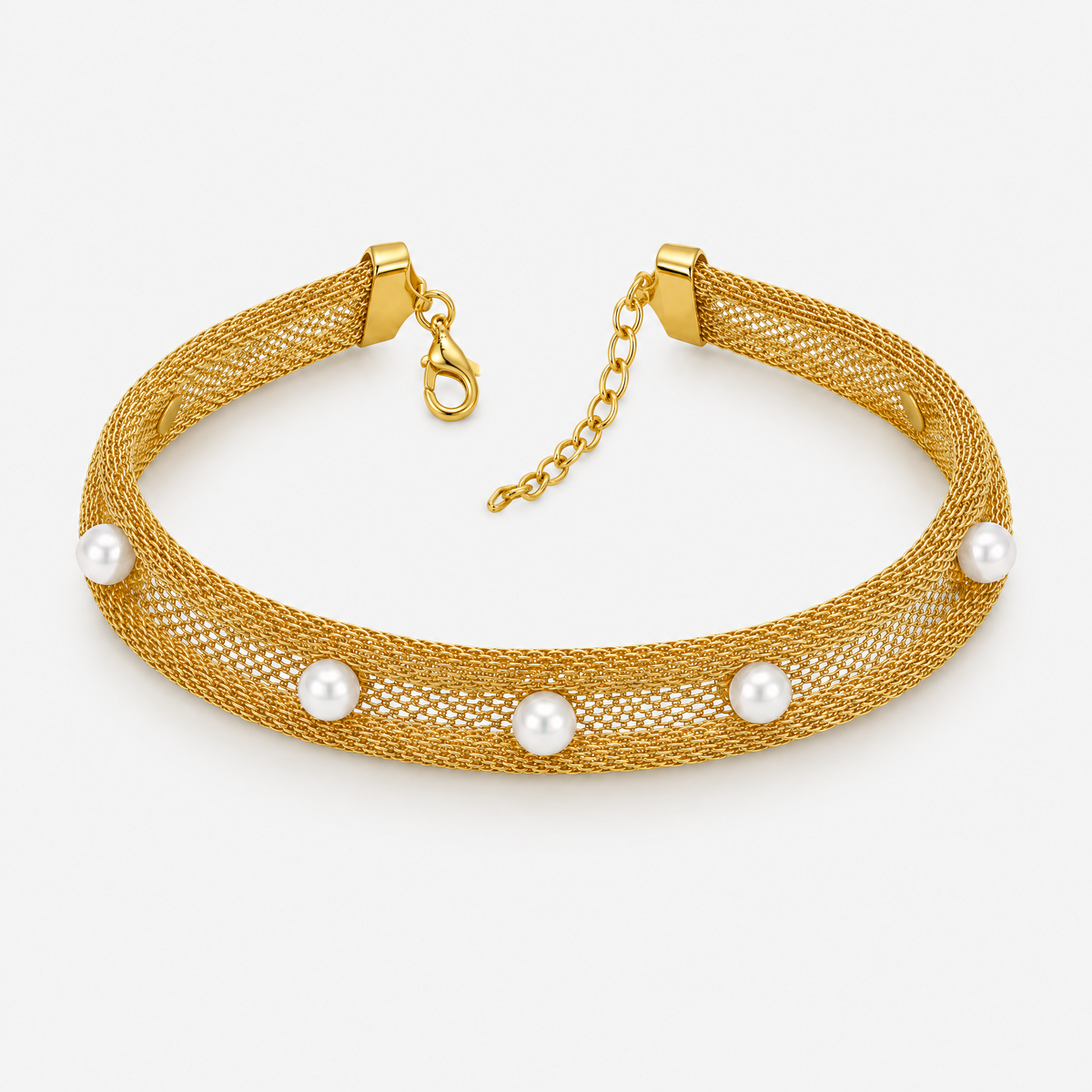 RYBARA Gold-tone Mesh Bracelet with Pearl-like Accents — overall view